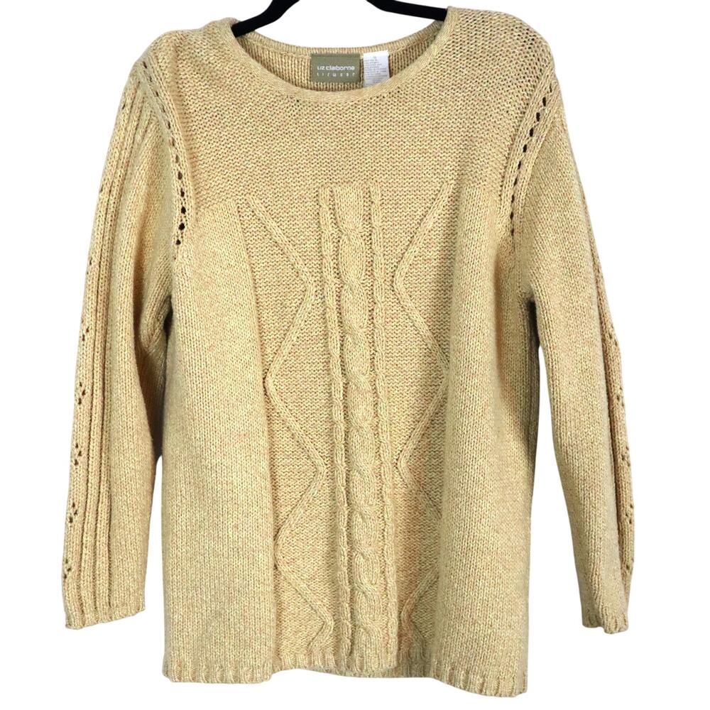 Vintage 90s Liz Claiborne Cable Knit Beige Cotton Blend Sweater Womens Small